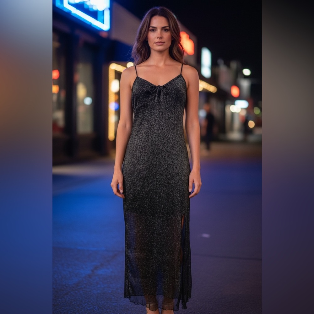 Urban Outfitters Silver/Black Sparkle Midi Dress Tie Front Women’s Size XS